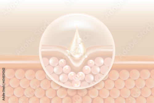Hyaluronic acid hair and skin solutions ad, white collagen serum drop over skin cells with cosmetic advertising background ready to use, illustration vector.