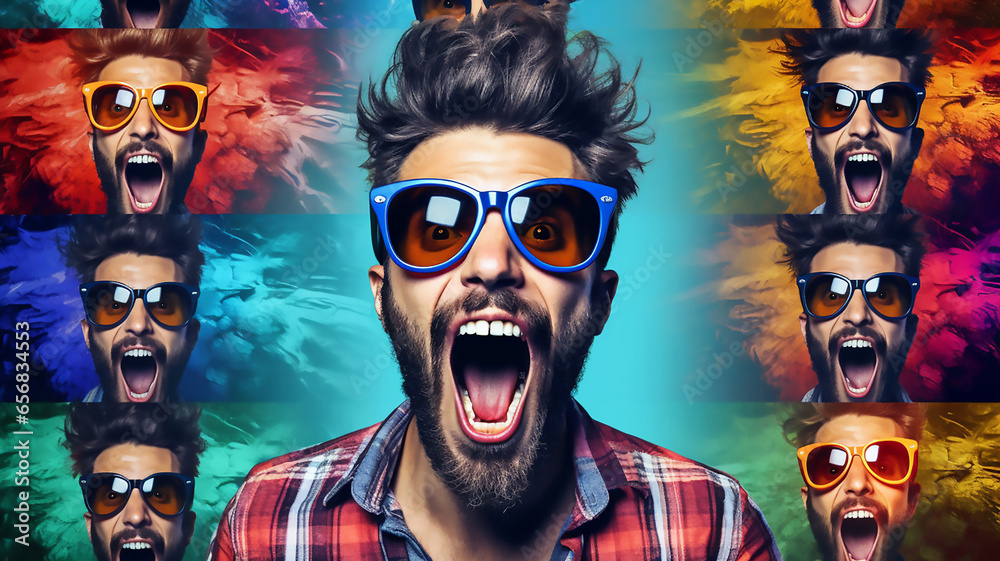 Amazing Crazy Hipster Guy Emotions Collage in Magazine Style - obrazy, fototapety, plakaty 