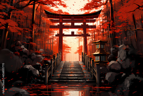 red tori gate at the shrine anime style photo