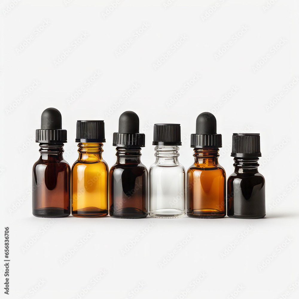Essential oils in different glass bottles on a white background
