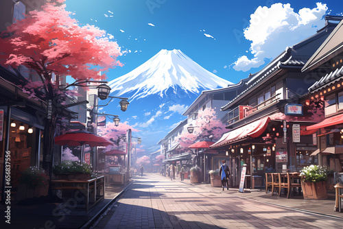 view of tokyo city with mount fuji anime style photo