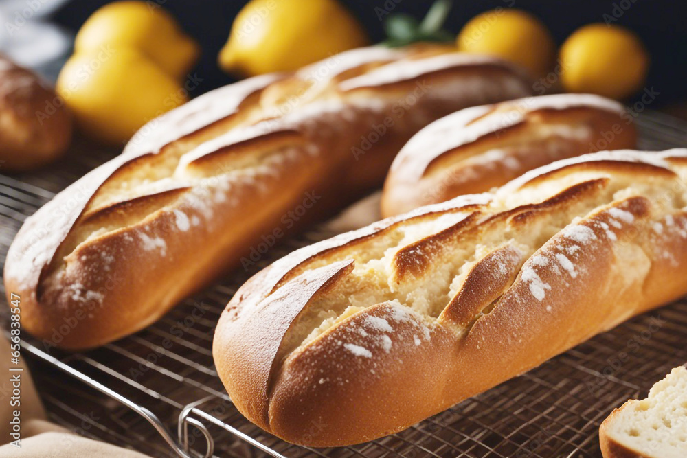 Long loafs of bread on a cooling rack Long loafs of bread on a cooling rack