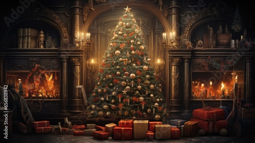 christmas tree with fireplace. Christmas tree decorations. new ideas to decorate the Christmas tree.