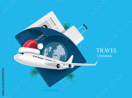 Passport, luggage, pine needles, and passenger plane wearing Santa hat take off. They were all floating in mid-air for Christmas travel design