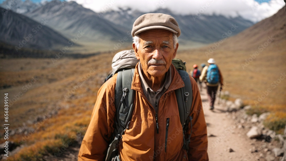 elderly man traveler trekking through the mountains, in Argentine Patagonia, ascending to the peak, nomadic lifestyle, world travel