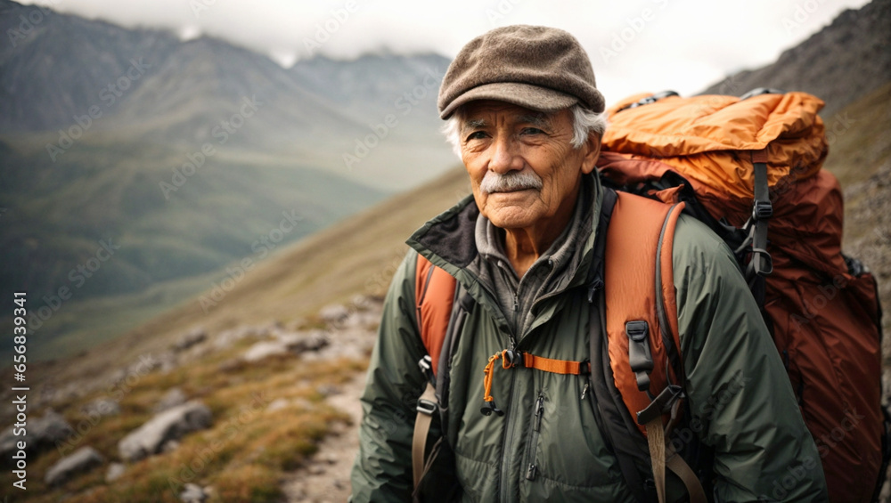elderly man traveler trekking through the mountains, in Argentine Patagonia, ascending to the peak, nomadic lifestyle, world travel