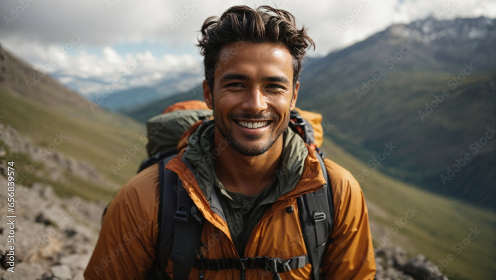 man trekking through the mountains, in Argentine Patagonia, ascending to the peak, nomadic lifestyle, world travel