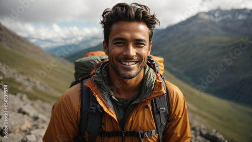 man trekking through the mountains, in Argentine Patagonia, ascending to the peak, nomadic lifestyle, world travel
