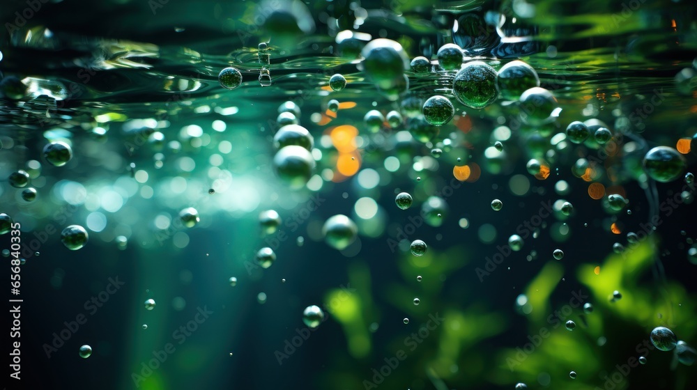 Water bubbles underwater in green water stream