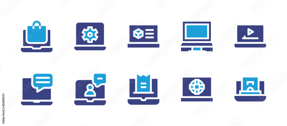 Laptop icon set. Duotone color. Vector illustration. Containing laptop, video chat, project, invoice, online shop, message, video player, online payment.