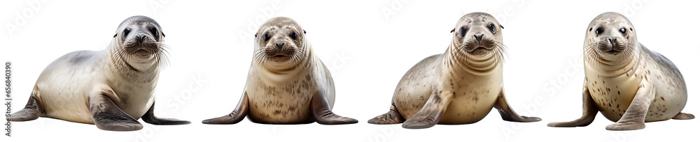 Fototapeta premium Adorable Seal Pups in Various Poses collection cut out transparent isolated on white background PNG
