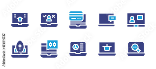 Laptop icon set. Duotone color. Vector illustration. Containing laptop, real estate agency, startup, voting, rival.