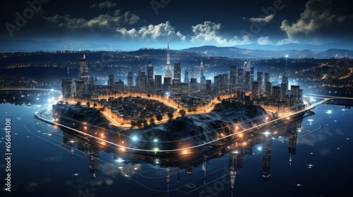 Modern city with wireless network connection and Wireless network concept with city background at night.