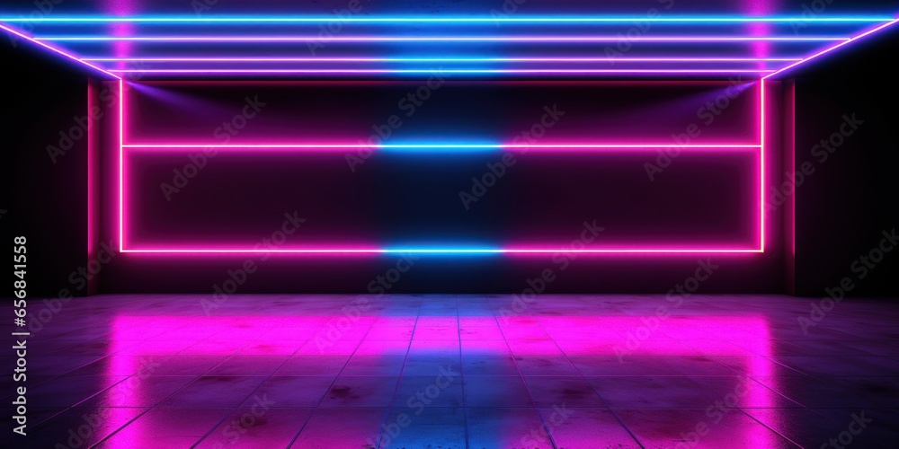 Beautiful neon frames in a dark basement with tiles on the floor. AI Generation 