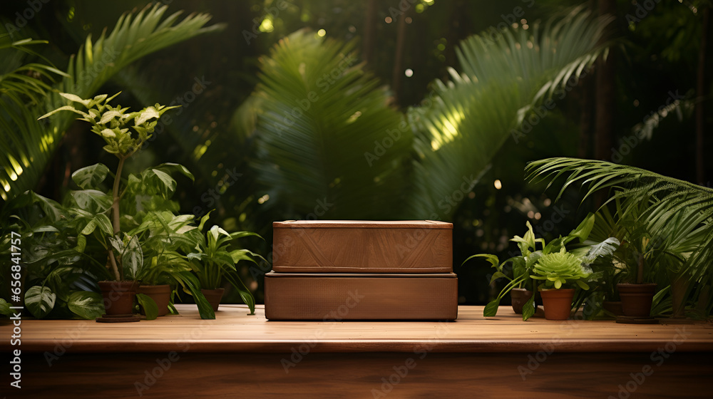 nature background of wood podium display for product promotion. generated by ai