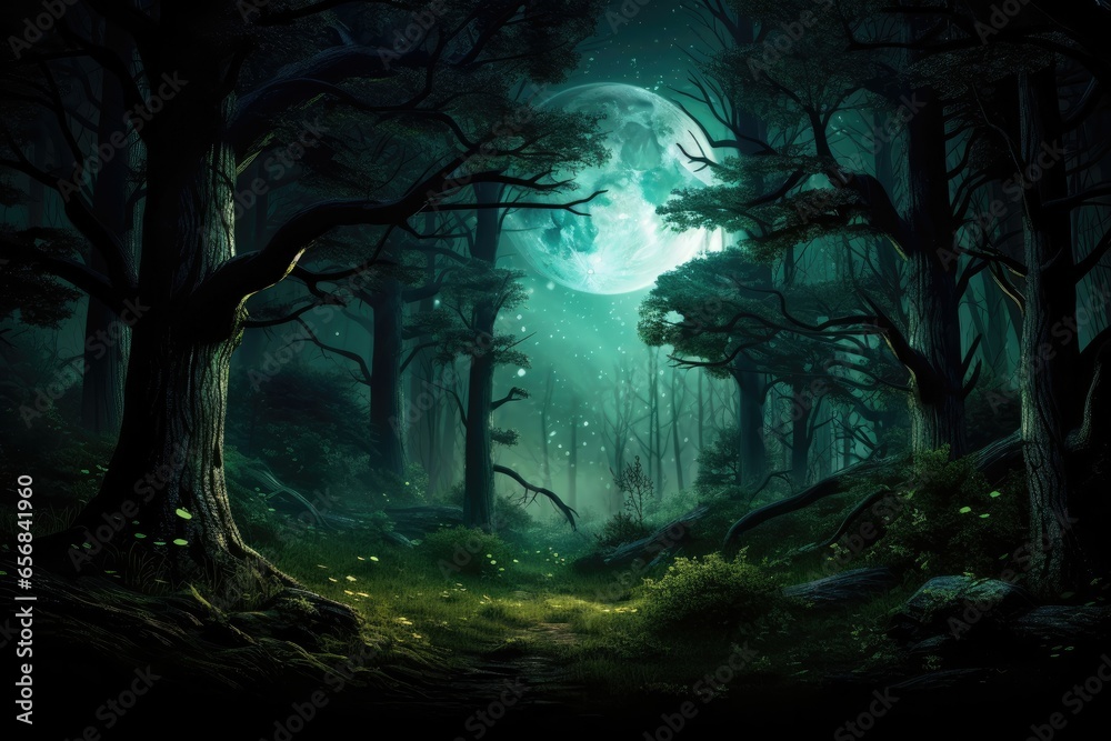 Enchanted forest glows beneath an ethereal moon, trees aglow with firefly magic