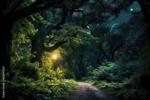 Enchanted forest glows beneath an ethereal moon, trees aglow with firefly magic.