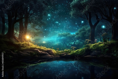 Enchanted forest glows beneath an ethereal moon  trees aglow with firefly magic.
