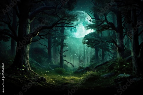 Enchanted forest glows beneath an ethereal moon, trees aglow with firefly magic © Kanisorn