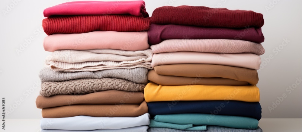 Isolated pile of folded clothes with various colors on white background Isolated pile of folded clothes with various colors on white background