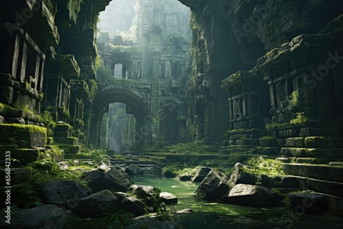 Enigmatic ruins rise from emerald seas, secrets buried deep within ancient, mossy stones.