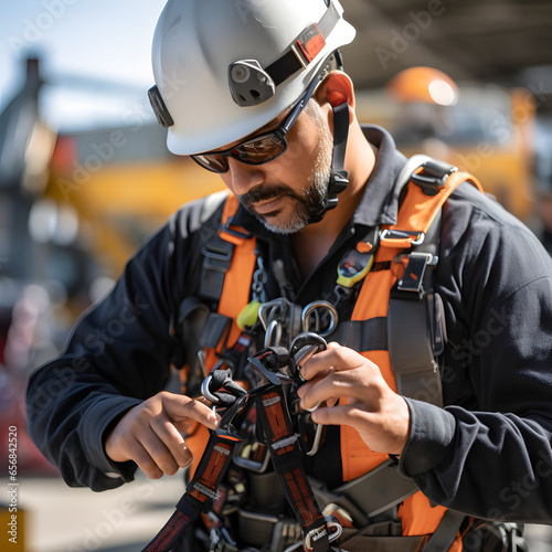 OHS expert conducting a fall protection equipment inspection, carefully examining harnesses and lanyards for wear and tear