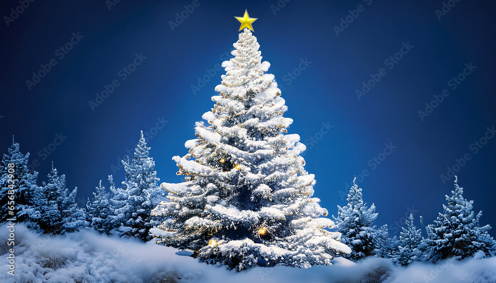 snow covered Christmas tree contrasts with the dark blue backdrop. Generative AI