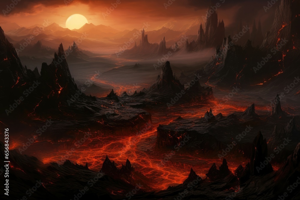 Volcanic wastelands smolder with crimson fires, molten rivers carving paths through obsidian plains.