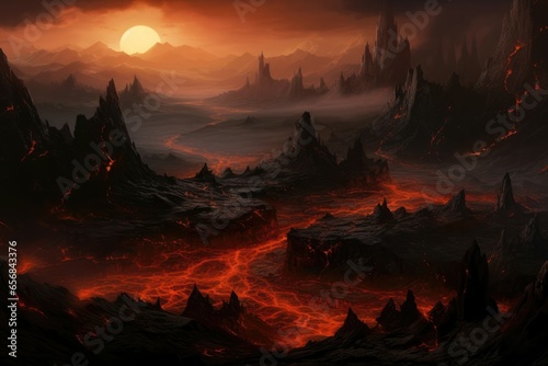 Volcanic wastelands smolder with crimson fires, molten rivers carving paths through obsidian plains. © Kanisorn