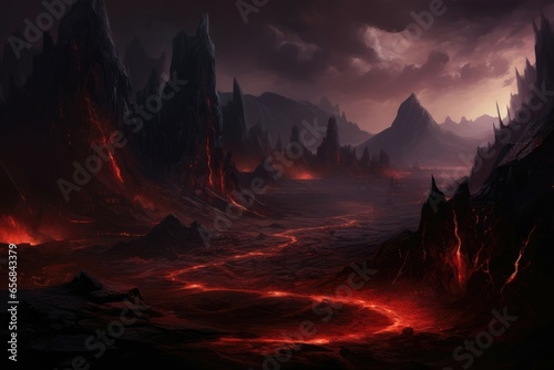 Volcanic wastelands smolder with crimson fires, molten rivers carving paths through obsidian plains.