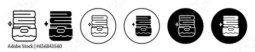 Basket with folded towels icon. Clan bed clothes towel in hotel symbol set. Basket container with folded stack towels vector sign. bath or shower towel cloth line logo