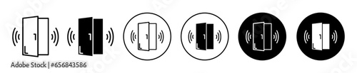 Door sensor alarm icon. House doorway sensor alarm or siren symbol set. Smart digital home automation through wireless security sensor alarm vector sign. Open or close home door line logo