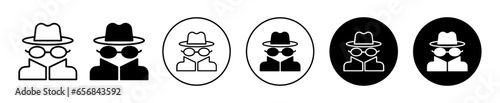 spy icon. Undercover spy agent to investigate situation or crime symbol set. Invisible hidden hacker or stranger wearing black coat and goggles vector sign. Robber or mafia person with mask line logo
