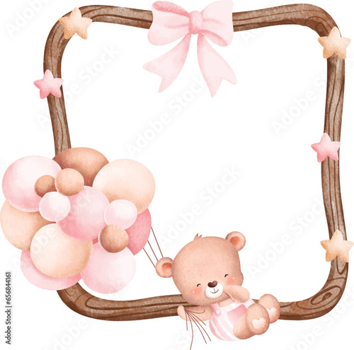 Watercolor illustration wooden frame with cute baby teddy bear and balloon
