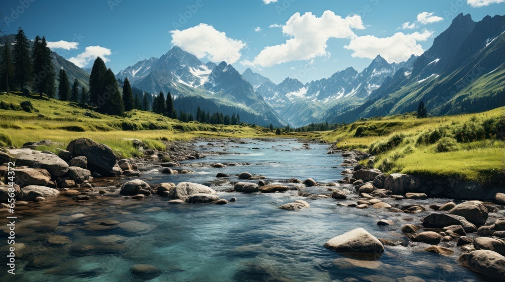 mountain views in the background with a river and a path along the river