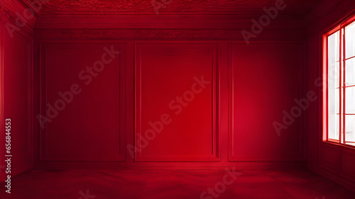 Luxury red empty room in chinese style with play of light and shadow on walls and floor for presentation and mockup template.