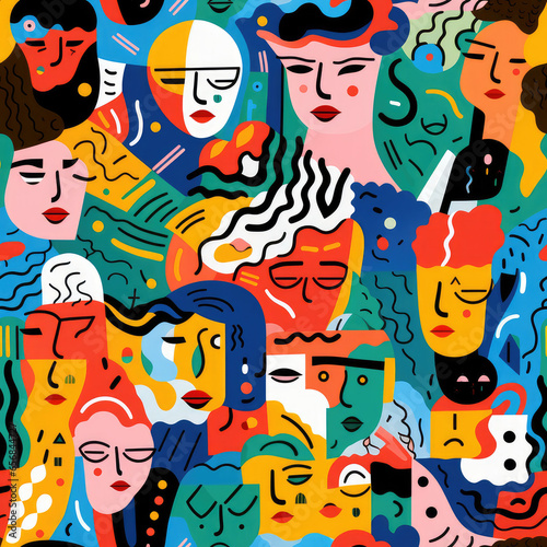 Diversity people cartoon collage repeat pattern