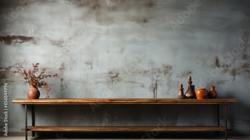 Interior Room Gray Walls Concrete Background and Cement Floor Shelves