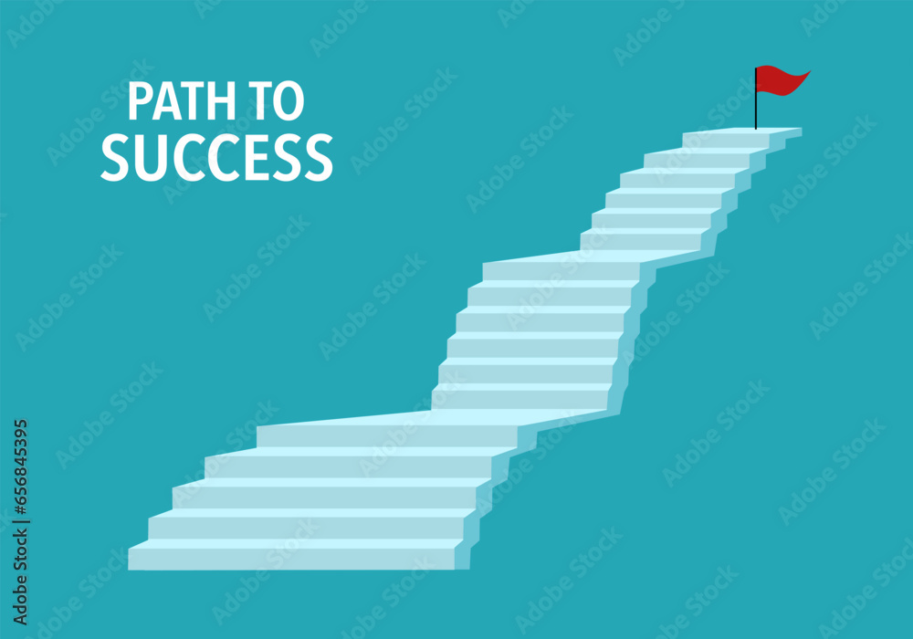 Obraz premium Path to success business concept poster banner design template. Stairway with flag in flat design.