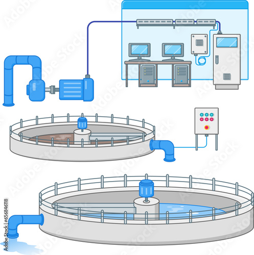 Wastewater treatment plant is process to convert waste water and environmentally neutral from waste water. this illustration use linear color style 