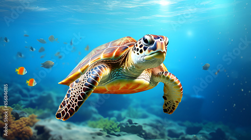 Aquatic sea turtle swimming in blue water background generative ai 