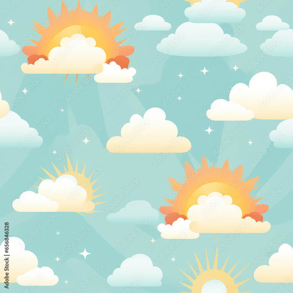 Fototapeta premium Rainbow in sky with clouds cute colorful childish repeat pattern