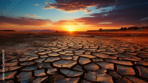 Global warming, cracked dry Earth with modern city Pollution at sunset