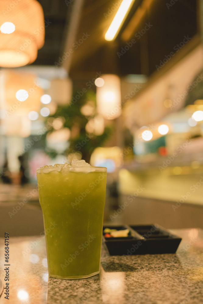 Iced green tea. Japanese green tea in the restaurant