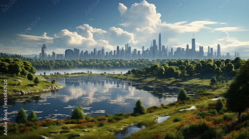 Green cities use wind turbines to power the city. renewable energy concept. with forests and rivers