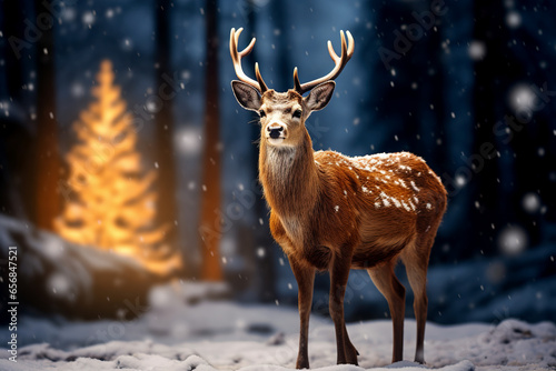 Deer standing in snow with Christmas tree glowing in background Generative AI