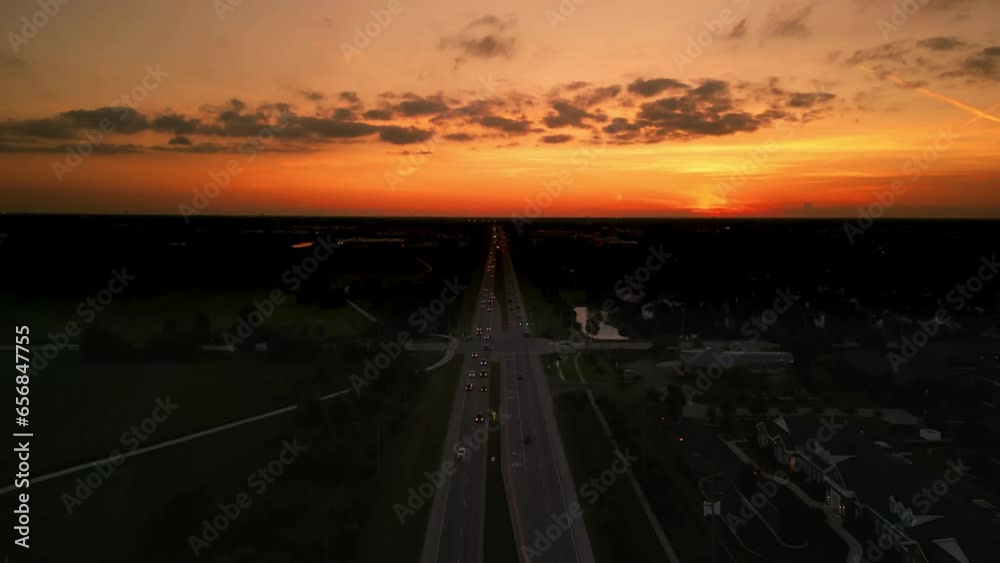 Aerial drone shot of the Highway on sunset time. Drone Wide view footage Aerial drone shot of the Highway on sunset time. Drone Wide view footage