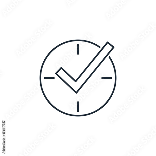 Clock with a check mark. Vector linear icon isolated on white background.