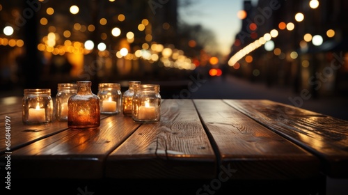 a blurry  abstract image of a wooden table in front of restaurant lights