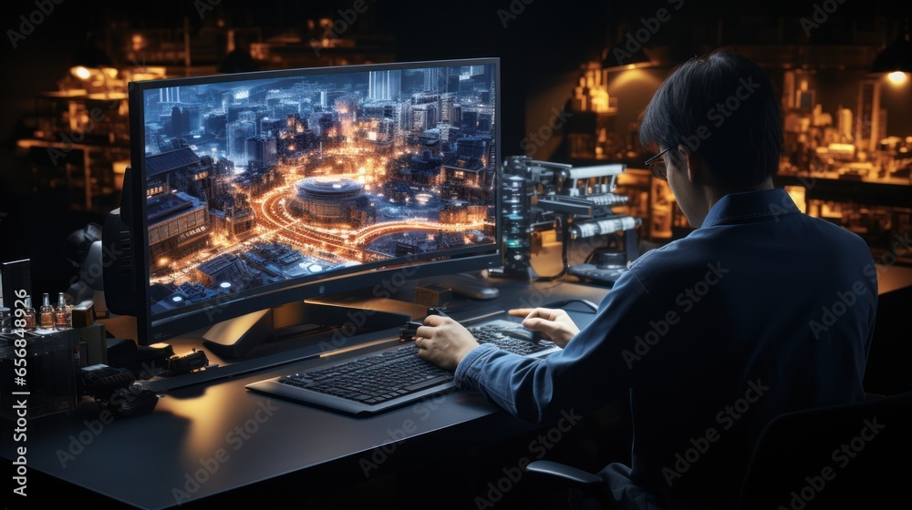 Industrial Engineer Solving Problems, Working on Personal Computer, Monitor Screen Showing Software Industrial Engineer Solving Problems, Working on Personal Computer, Monitor Screen Showing Software